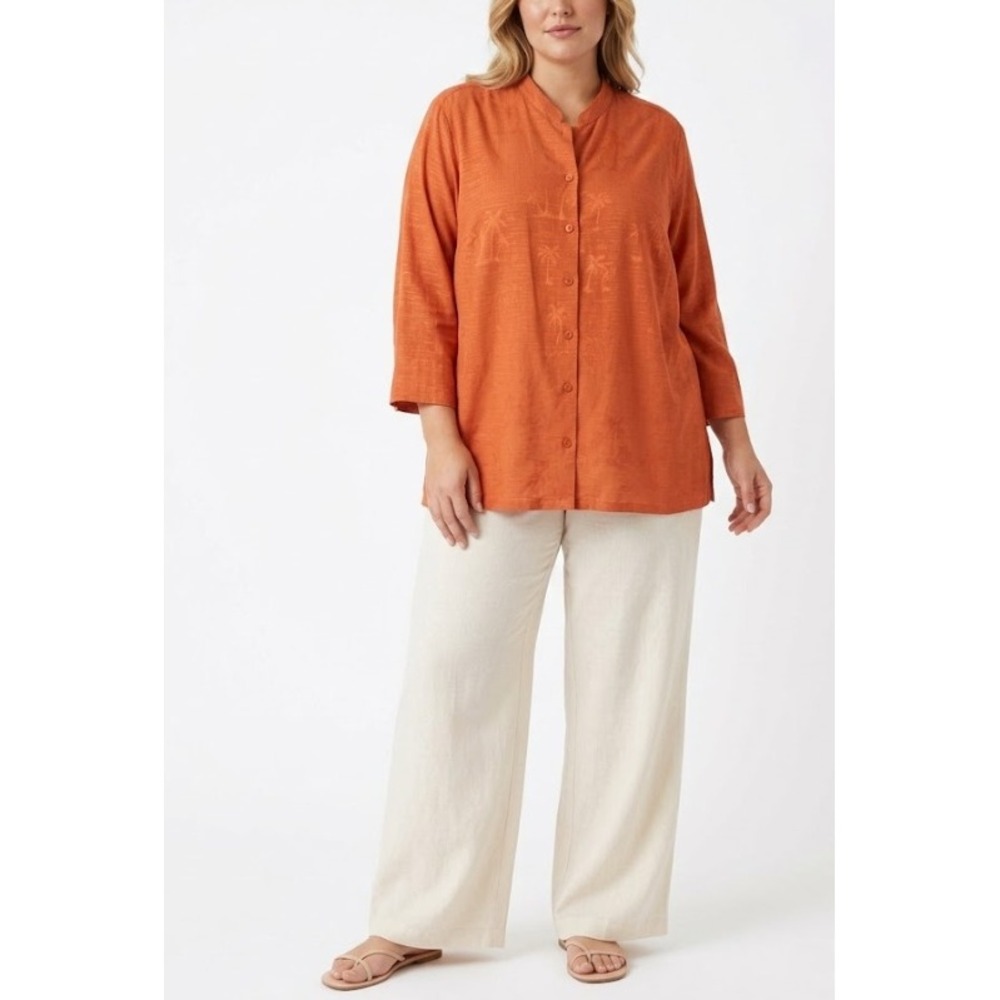 New Erin London Tunic Top size 2X Linen Blend Orange Tropical Palm Button Up
